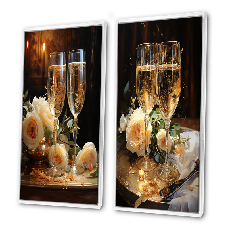 Sparkling Celebration - Ensemble d'art mural sur toile vin et champagne, Cadre blanc, H 32 po x l 33 po