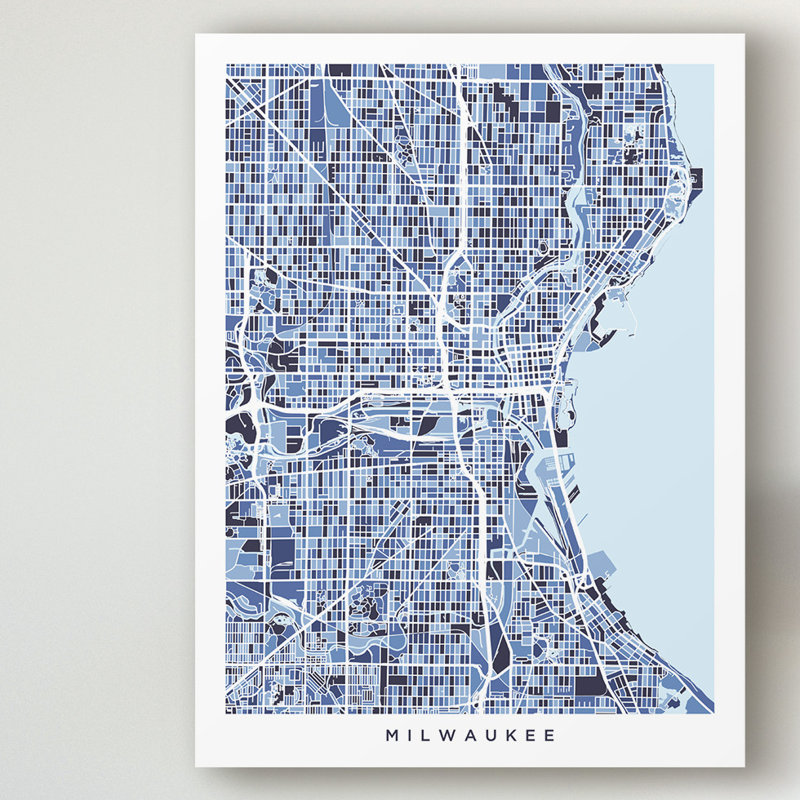« milwaukee wisconsin city map blue », impression sur toile tendue, H 32 po x l 24 po x P 2 po