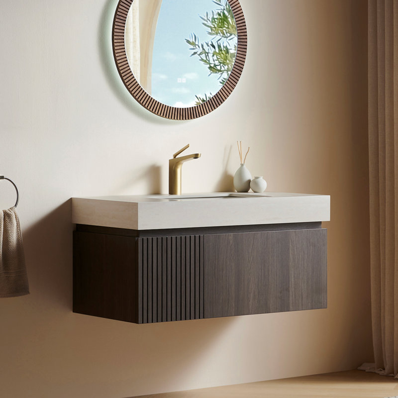 Meuble-lavabo mural 36 po avec comptoir en pierre frittée et lavabo encastré en céramique Muri, Espresso, 36", Beige