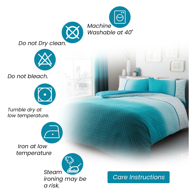 Geometric Polycotton Duvet Cover Set with Matching Pillowcases - Soft, Durable, Comfortable Unisex Bedding, King, Teal