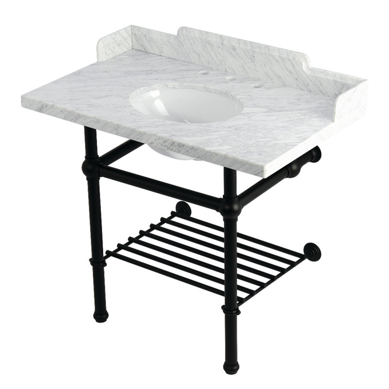 Kingston Brass Pemberton 36-Inch Carrara Marble Console Sink with Brass Legs and Shelf (8-Inch, 3-Hole)
