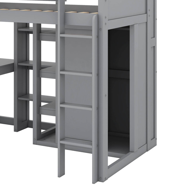 Lit mezzanine en bois avec tablettes et garde-robe, gris