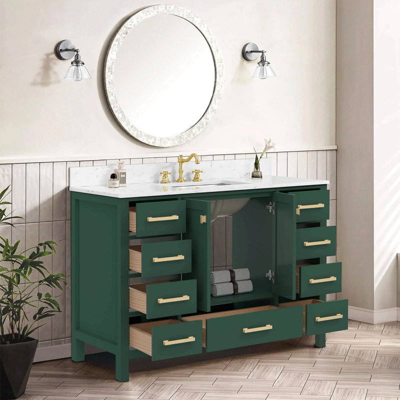 Meuble-lavabo de salle de bain 48 po, meuble-lavabo autoportant avec comptoir, armoire de rangement de salle de bain verte avec cadre en bois massif