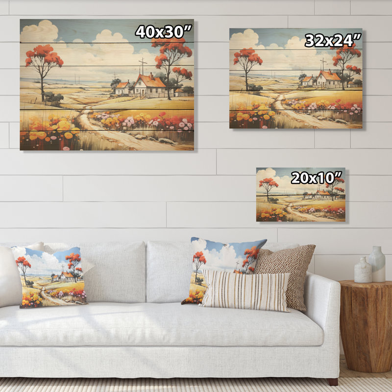 «Country Side De Stijl Lansdcape I», art mural en bois campagne sur bois de pin naturel, H 24 po x l 32 po