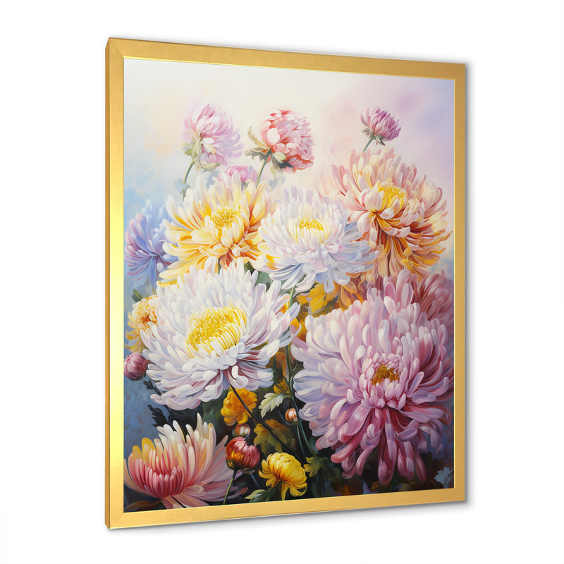 Blue Chrysanthemums Hill sur impression sur toile, Cadre doré simple, H 44 po x l 34 po x P 1,5 po