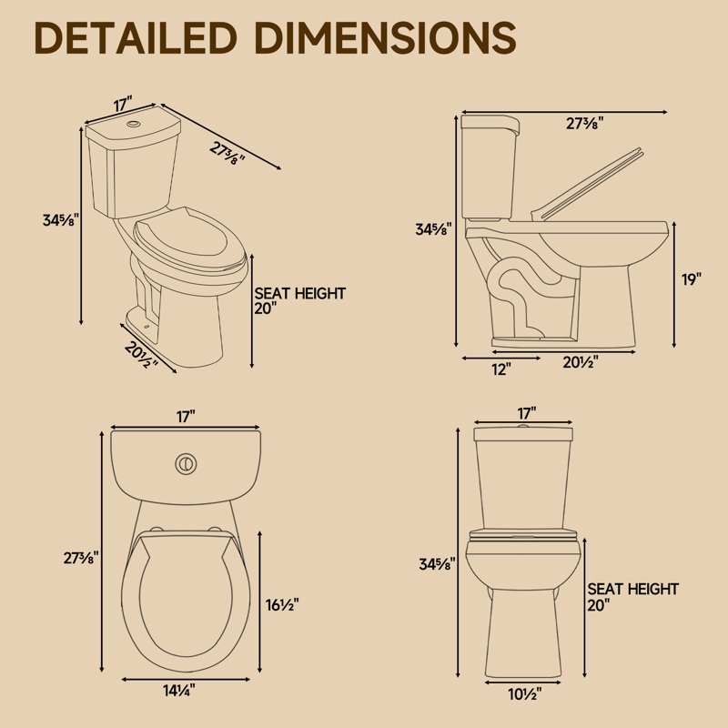 19" Tall Compact 2-Piece Toilet 1.1/1.6 GPF Dual Flush Round ADA Height with Soft-Close Seat, Glossy White