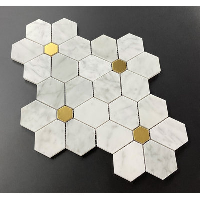 Carrelage MFL Cararra blanc avec motif de grandes marguerites en métal doré (ensemble de 10)