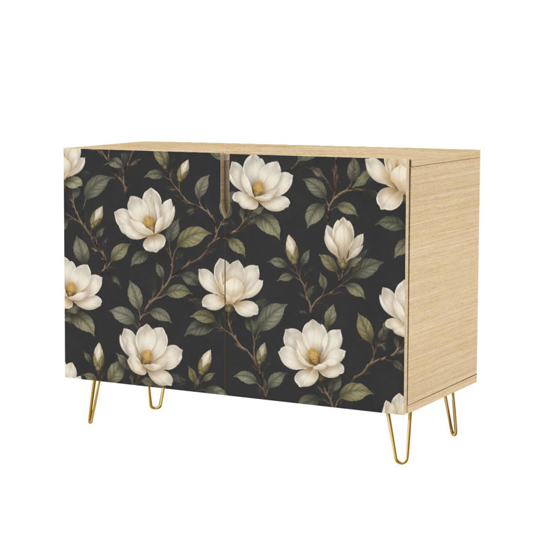 Buffet Buffet avec rangement Élégantes fleurs de magnolia blanches à feuilles vertes foncées avec 2 portes pour le salon et la cuisine