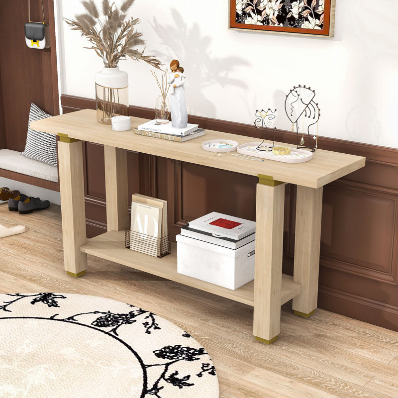 Console moderne avec tablette inférieure, pieds en bois massif et accents métalliques, Naturel