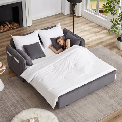 Grey 66 Inch Sleeper Bed, 3 - In 1 Adjustable With Pullout 4 Pillows, Side Pockets, Soft Corduroy, For Apartment, Office, Classic Design Style Convertible Bed Grey, Suitable Bedroom, Structure