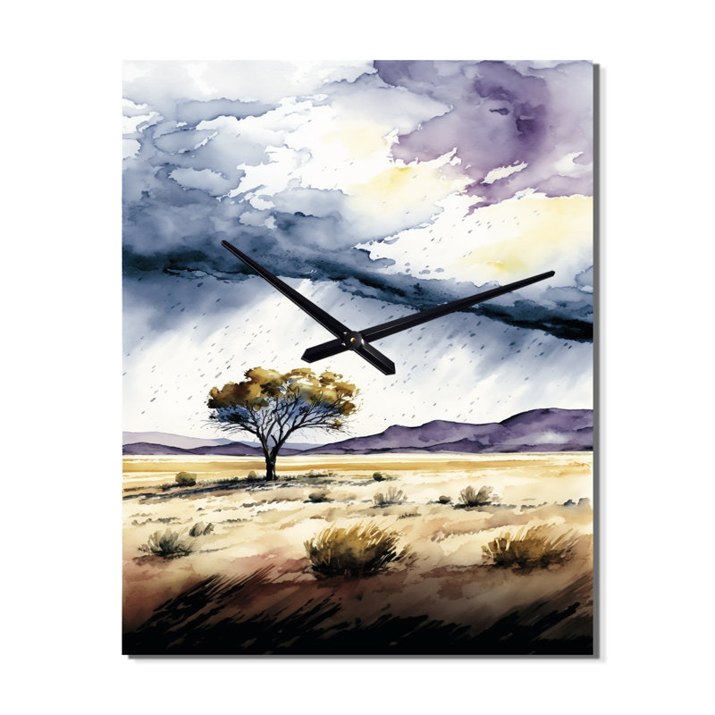 Lonely Tree On Eternal Plains Minimal Watercolor - Abstract Landscape Wall Clock, 32" H x 16" W x 1" D