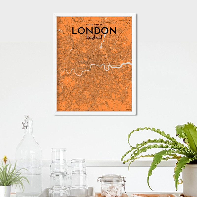 London City Map In Orange - No Frame Print, 20cm H x 16cm W x 0.05cm D