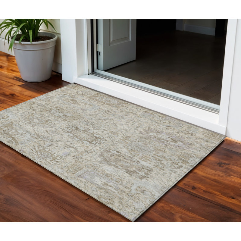 3' X 5' Ivory Brown And Gray Damask Washable Indoor Outdoor Area Rug