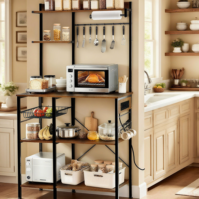 Étagère de boulanger, prise de courant, crochets, support pour micro-ondes, bar à café, panier en fil de fer, tablette de cuisine, fruits, désordre de comptoir, conception multicouche, pieds réglables d'épices, enchevêtrement de corde, rangement aéré,