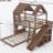 Twin Over Full House Bunk Bed With Ladders And Slides, House Floor Bunk Bed With Storage Shelves And Wardrobe, Playhouse Design,Deep Natural-1387095051