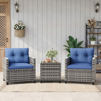 Woven small sitting chair set, cane strips, woven sitting chair set, gray gradient cane andblue seat cushion