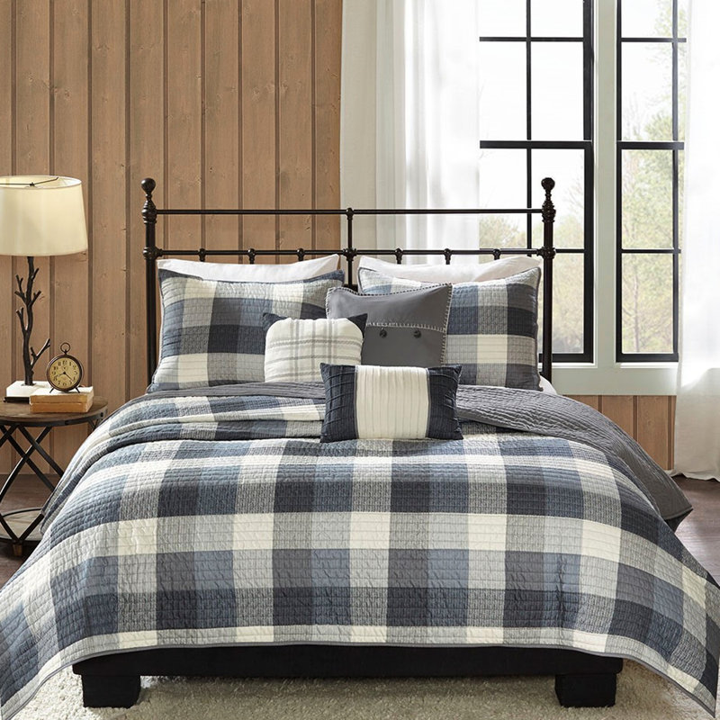 Courtepointe 6 pièces à chevrons pour très grand / très grand lit, motif à carreaux gris Buffalo, broderie faite à la main sur des objets décoratifs avec motif de couleur Grace, partout, 2 taies décoratives et 3 coussins
