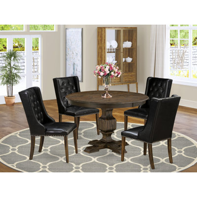 5 Piece Dining Room Table Set Includes a Round Dining Table with Pedestal and 4 Black Faux Leather Upholstered Chairs,  Distressed Jacobean