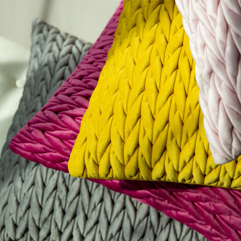 Velvet Quilted Throw Pillows, Braided Textured Decorative Cushion, Rectangle 12"H x 20"W, Pink