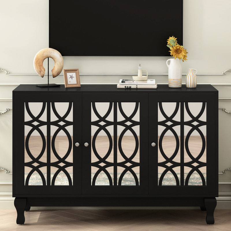 Modern Tv Table For 55-inch Tvs, Mirrored Surface, Solid Wood Legs, 3 Adjustable Shelves, Extra Large Entertainment Area