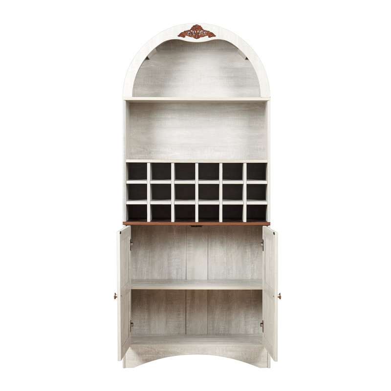 Armoire arquée en bois avec support à vin amovible et tablettes réglables, White Washed