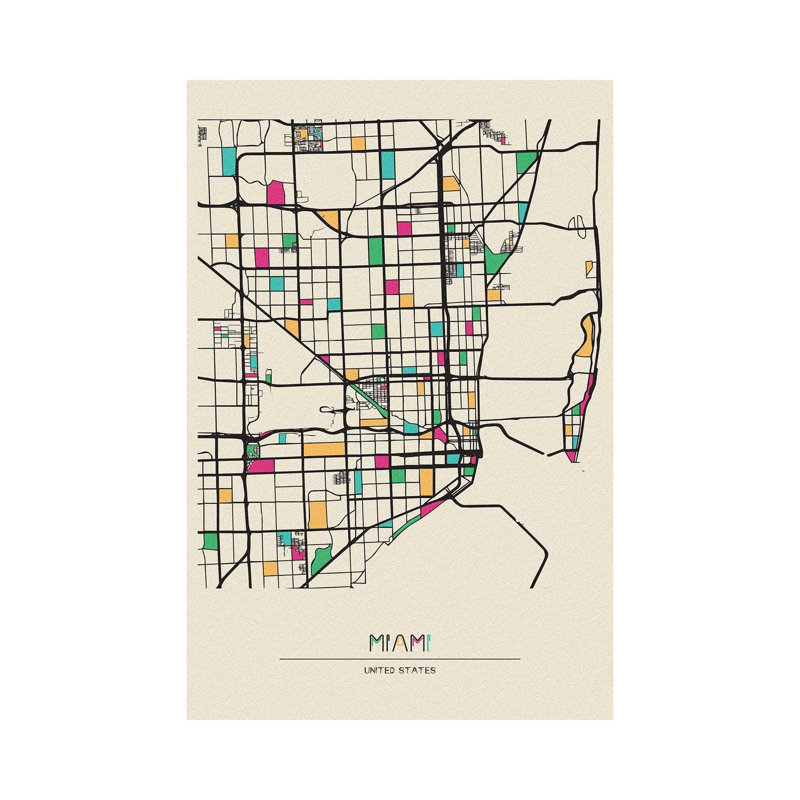 Miami, Florida Map 1 Piece Wrapped Canvas Wall Art, 20.32 cm H x 30.48 cm W
