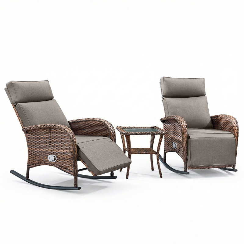 Chaises berçantes d'extérieur inclinables en osier avec coussins et table d'appoint 3 pièces Asenpark, Gris