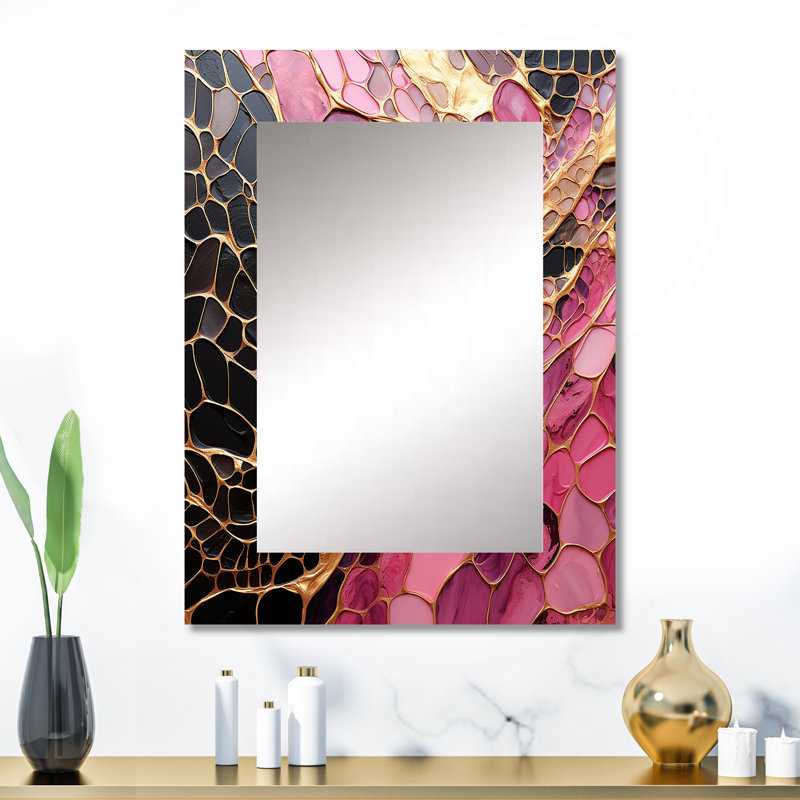 Rangler Minimalism Pink Gold Poteries - Abstract Spirals Decorative Mirror, Pink Wall Mirror, Printed Metal Art, 32" x 24"