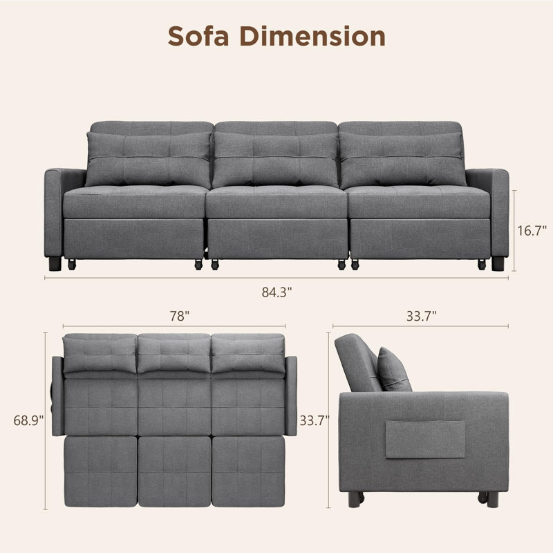Functional Linen Adjustable Sectional Sofa Bed with 2-5 Seat Options and Storage Pockets, 3, 33.7" H x 84.3" W x 68.9" D