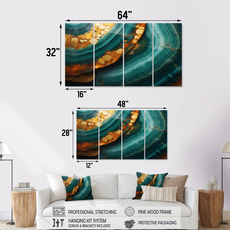 Ensemble de 4 décorations murales Agate Indigo Gold Waves - Marble, H 28 po x l 48 po