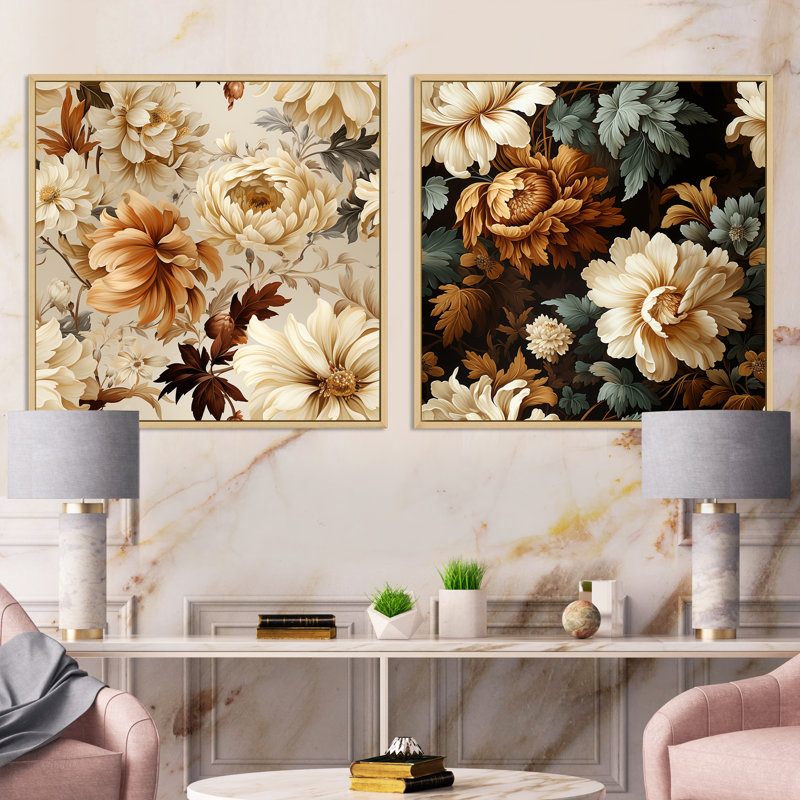 Rustic Brocade Elegance Victorian Motif III - Ensemble de 2 collages carrés floraux, H 16 po x l 33 po, Cadre flottant brun
