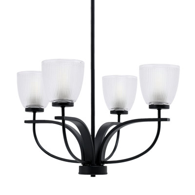 Lustre suspendu 4 lumières Askar Cavella au fini noir mat avec verre côtelé transparent de 5 po