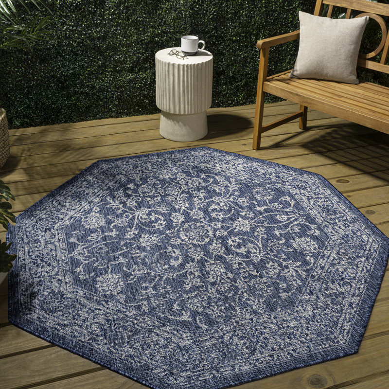 Leonora Bohemian Textured Weave Floral Navy/Gray Indoor/Outdoor Rug, Octagon 5'3"