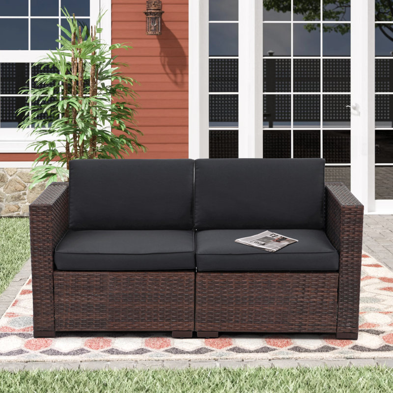 Gerdt 59.2'' Wide Wicker Loveseat with Cushions, Gray Cushion//Brown Frame