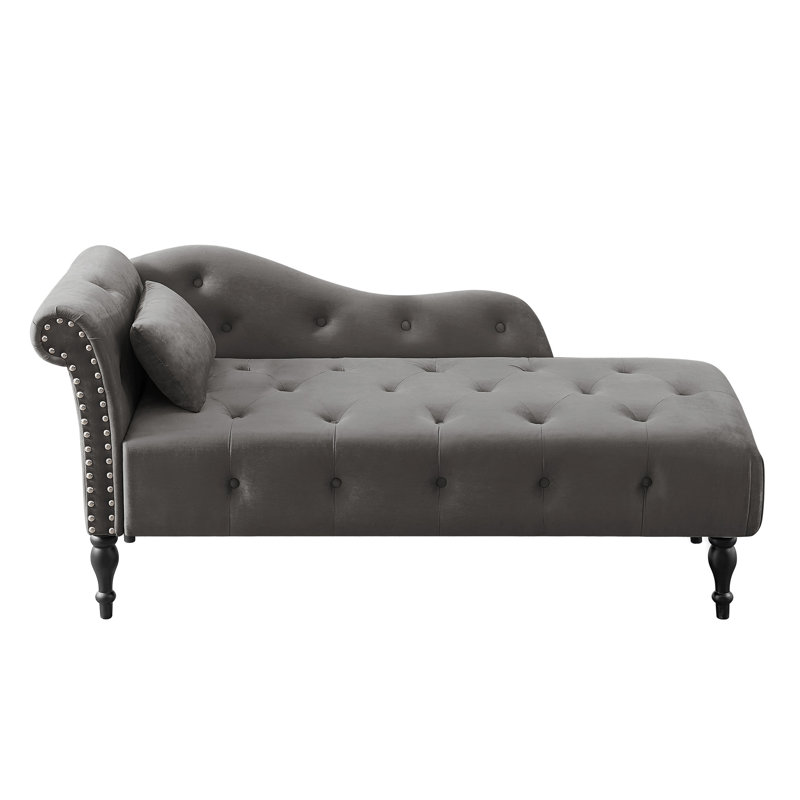 Aijia 60.6" Velvet Chaise Lounge Buttons Tufted Nailhead Trimmed Solid Wood Legs With 1 Pillow, Gray
