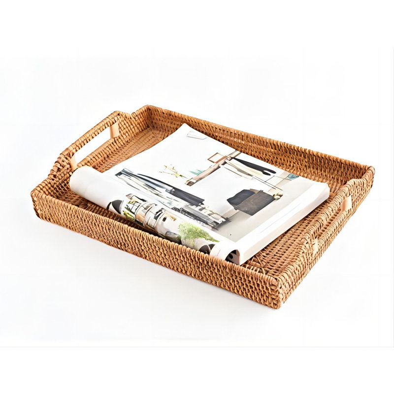 Plateau de service rectangulaire en rotin tissé à la main avec poignées, H 1,8 po x l 11,4 po x L 17 po