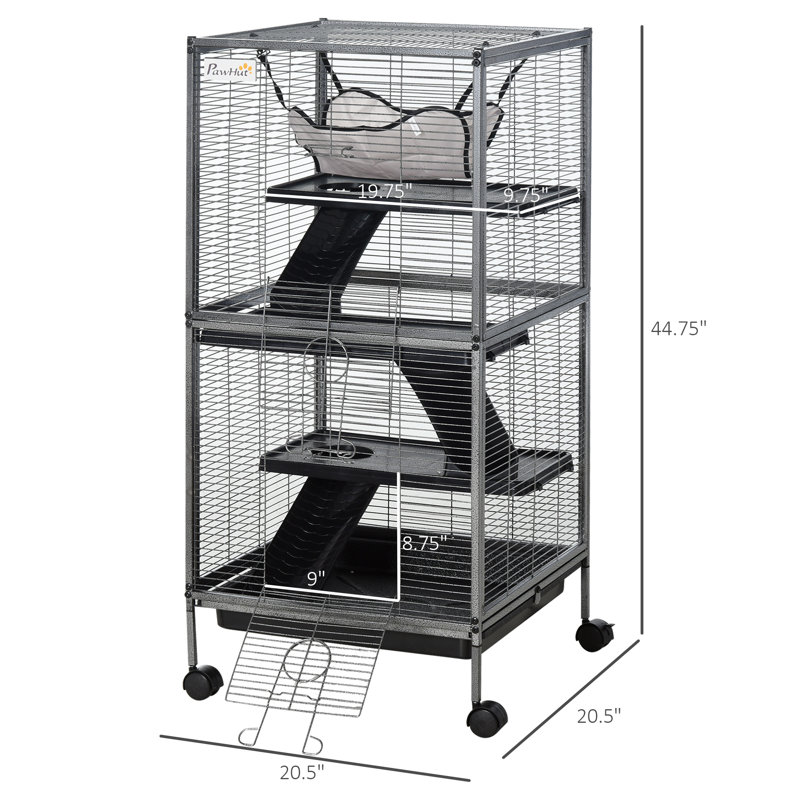 Gray Rolling Metal Small Animal Cage with Hammock and Platforms