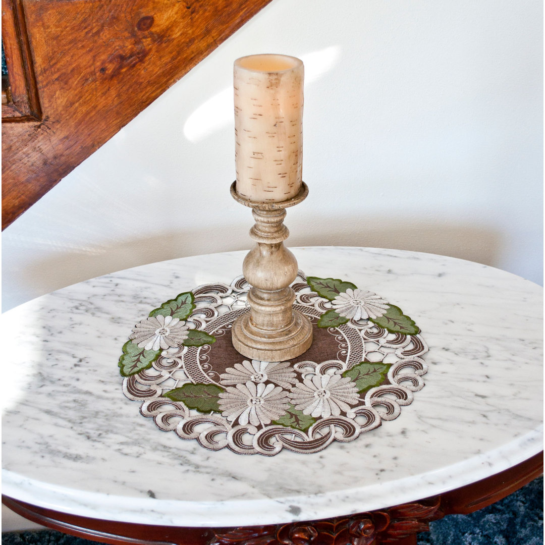 Broward Embroidered White Daisy Green Leaves Brown (15" Round) Ophelia & Co.