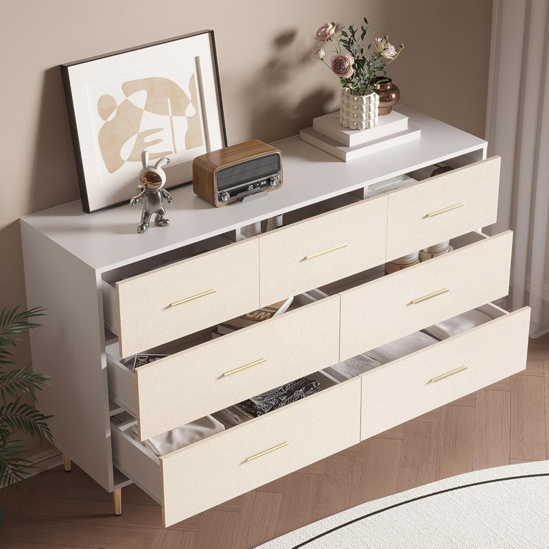 White 7-Drawer Modern Dresser with Gold Metal Handles and Strong Metal Legs, Storage Organizer for Bedroom, Living Room or Hallway