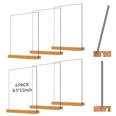 Présentoir de table double face en acrylique transparent avec base en bois, orientation verticale ou inclinée, idéal pour les menus, les feuillets et les photos. Convient aux restaurants, bureaux, magasins, hôtels et mariages. Dimensions : 21,6 x 27,9 cm (paquet de 6).