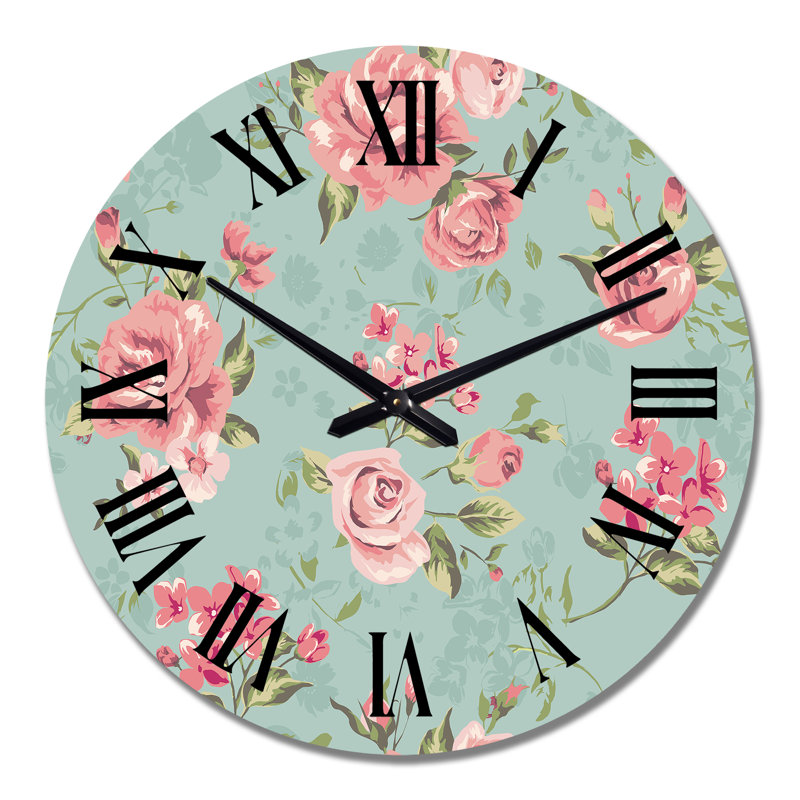 Horloge murale rétro à motif de roses roses et blanches sur fond vert II, Moyen