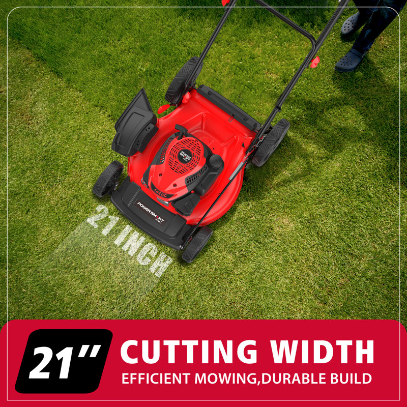 PowerSmart 21" 2-in-1 Gas Push Lawn Mower, 144cc 4-cycle Engine, 6-Position Height Adjustment, 21" Cutting Width, Side Discharge & Mulching