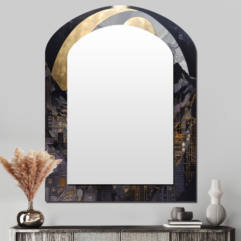 Golden Rising Moon III - Landscape Asymmetrical Large Mirror, Traditional Arch Unique Wall Mirror Decor, Printed Metal Art