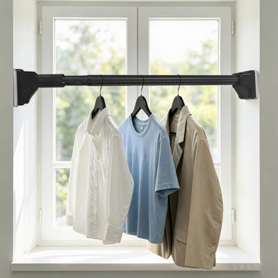 Heavy Duty Tension Clothes Hanging Rod No Drilling Wall Mount Laundry Drying Rack L-Shaped Triangle Support Adjustable Stretch Rod Stainless Steel Organizer for Bathroom Bay Window Closet