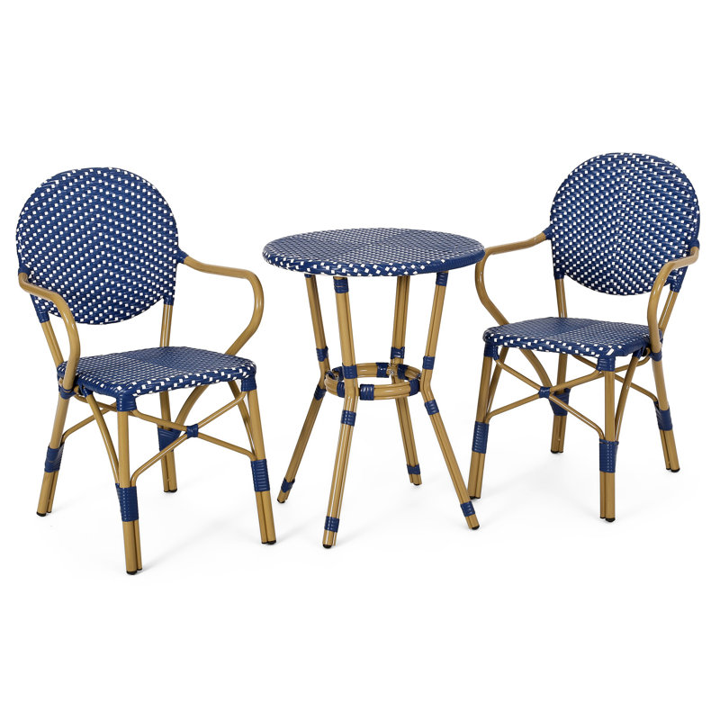 Ensemble d'extérieur en rotin PE et aluminium 3 pièces, bleu sarcelle foncé et blanc, finition bambou