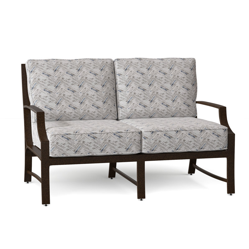 Seal Cove 51.75'' Wide Aluminum Loveseat with Cushions, Chestnut Brown, Fairview Indigo Abstract Sunbrella®