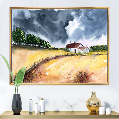 Champ jaune avec des arbres et une petite clôture, fermes - peinture sur toile