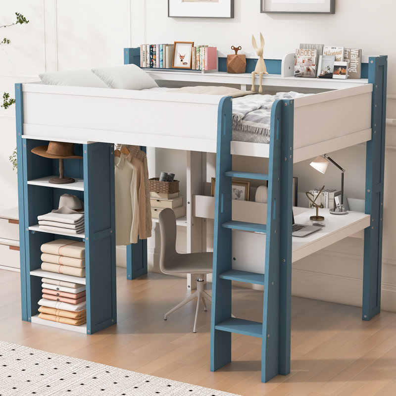 Lit mezzanine double avec bureau intégré et rangement, Blanc / Bleu
