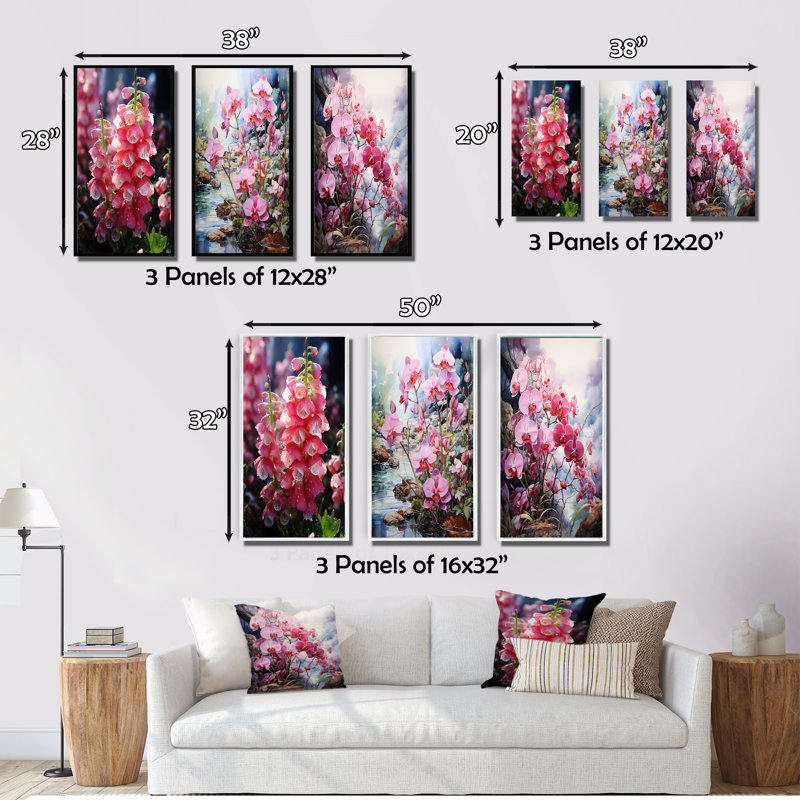 «Meadow Foxglove Fantasy», 3 pièces sur toile, Cadre flottant blanc, H 28 po x l 36 po