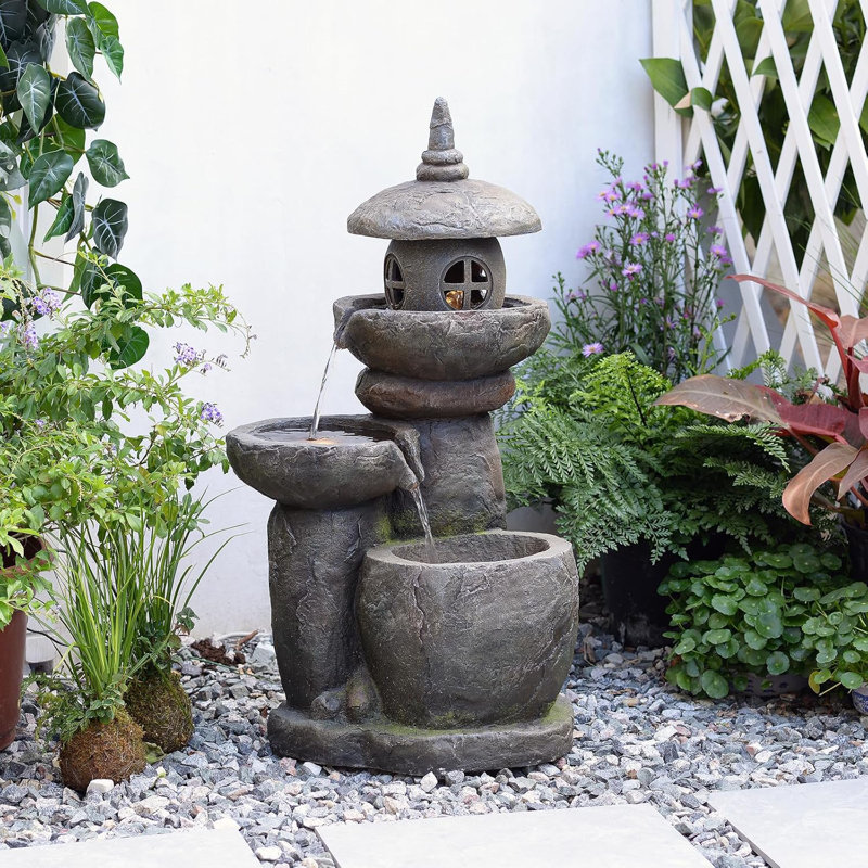 Japanese Pagoda Lantern Cascading Water Fountain with LED Lights, 31.5" Tall Resin Outdoor Water Feature for Garden Patio Zen Decor
